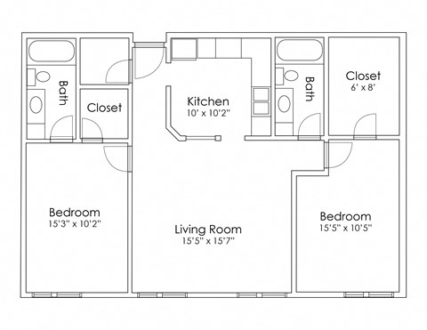 Floor plan for 2 beds, 2 baths, 1052 sqft
